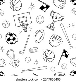 Seamless sports monochrome pattern with balls, flag and medal. Line doodle tennis, rugby and soccer, balls on white background.