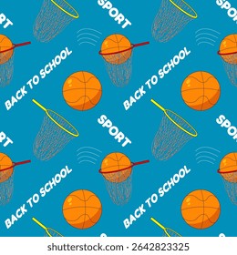 Padrão de esportes contínuo com bolas de basquete, aros e texto de giz no fundo azul. Para voltar à escola e tema de atividade, material escolar ou design de papelaria, impressão têxtil e papel de embrulho.
