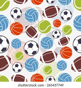 Seamless sports pattern. Sports colorful balls logos and emblem 