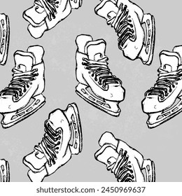 Seamless sports pattern. Drawn hockey skates in doodle style. Hand drawn hockey equipment. Clipart. Vector elements on gray texture.