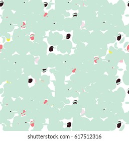 Seamless spotted abstract pattern. Hand painted texture in mint, black, pink dots on a white background. Background for textile or book covers, manufacturing, wallpapers, print, gift wrap.