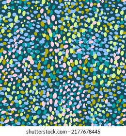 Seamless spotted pattern. Summer ditsy floral all over print. Abstract geometric background with multicolored dots. Trendy flat mottled and dotted texture. Designed for textile, fabric any surfaces.