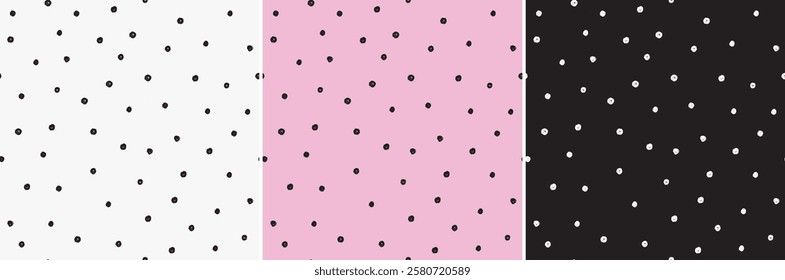 seamless spotty spot dots pattern in vector. Stylish, textured sketchy hand drawn cute spots. \monochrome minimalist graphic illustration pattern. repeat simple small black dots on pink background.