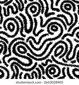 Seamless spray paint ink doodle pattern for children's birthday party or celebration background, trendy design with doodle shapes on black background.