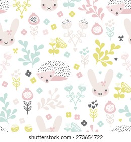 Seamless spring animals and blossom flower garden illustration kids background pattern in vector