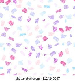 Seamless spring autumn pattern with colorful violet, blue, pink hydrangea flower on white background. Vector set of blooming floral for wedding invitations and greeting card design or textile.