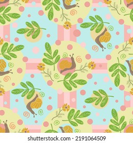 Seamless spring and autumn or summer vector floral pattern with snails and tree branches in pastel colors  for wrapping paper or textile design 