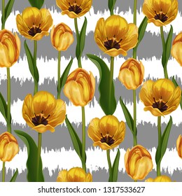 Seamless spring background with abstract stripes and Golden, yellow tulips. Decorative card,, ornament, banner, pattern for textiles, wrapping paper, clothing, holidays: March 8, women's day, birthday