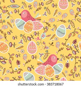 Seamless spring background with birds and colorful Easter eggs.