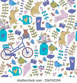 Seamless spring background with cute birds, flower, cats, dogs, bunnies, bicycle, butterflies, hearts and rain boots in cartoon style.  