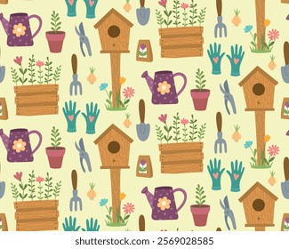 Seamless spring background with different garden elements. Pattern with flower sprouts, garden tools, seeds, gloves and watering can