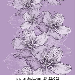 Seamless spring background with flowers of apple, hand-drawing. Vector illustration.