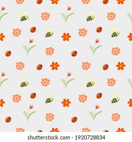 Fondo primaveral sin soldadura. Flores, abejas y ladybugs. Vector de estilo plano. Verano de primavera. Alegres antecedentes infantiles. Adecuado para tejidos, embalajes y papel pintado