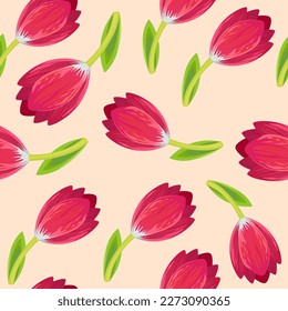 Fondo primaveral sin soldadura con tulipanes rosados sobre un fondo claro. Fondo vectorial con elementos vegetales. Patrón con tulipanes. Textura sin fin para el diseño de Pascua y primavera o tarjetas de felicitación