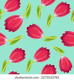 Seamless spring background with pink tulips on a blue background. Vector background with plant elements. Pattern with tulips. Endless texture for easter and spring design or greeting cards