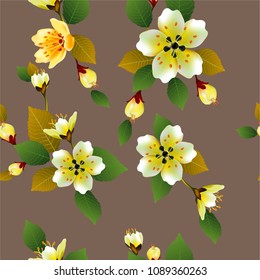 Seamless spring background with white flowers with green and yellow leaves