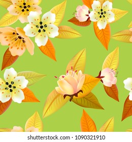 Seamless spring background with white flowers with green and yellow leaves