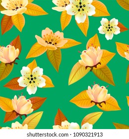 Seamless spring background with white flowers with green and yellow leaves