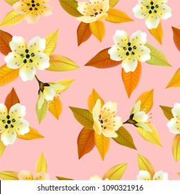 Seamless spring background with white flowers with green and yellow leaves