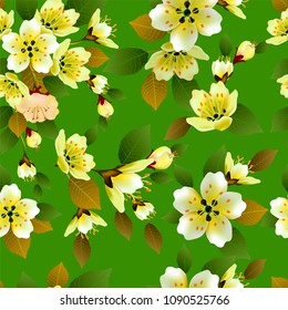Seamless spring background with white flowers with green and yellow leaves
