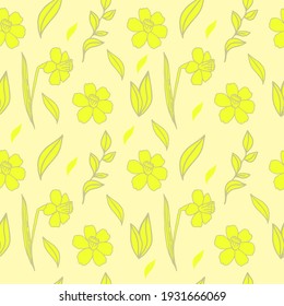 Nahtloser Frühlingshintergrund. Gelbe, helle Blumen schmücken und Blätter. Vektorgrafik im flachen Stil. Frühling. Blumen. Ostern. Geeignet für Textilien, Papier und Geschenke.