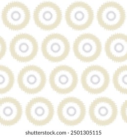 Seamless spring beige circular ikat textile pattern. Geometric abstract shapes Ornament of mandalas patterns.