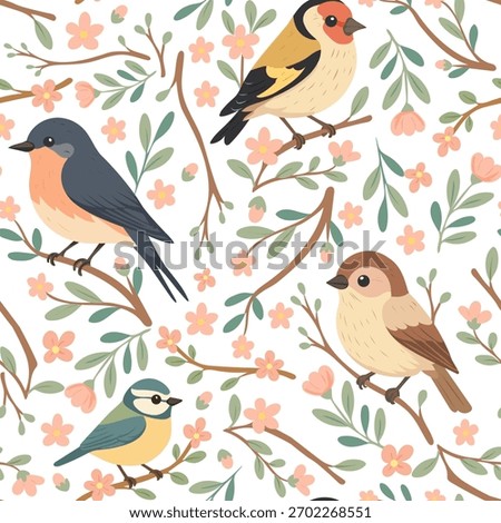 Seamless spring bird pattern with blooming branches and pastel florals. Charming songbirds create a soft, elegant design perfect for fabrics, stationery, wallpapers, and seasonal decor