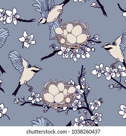 Seamless spring birds and nest pattern and blossom in vector