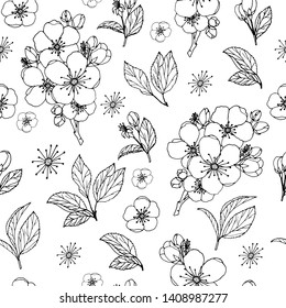 Seamless spring black and white pattern with flowers and leaves of an apple tree. Endless texture for your design, greeting cards, announcements, posters. - Vector