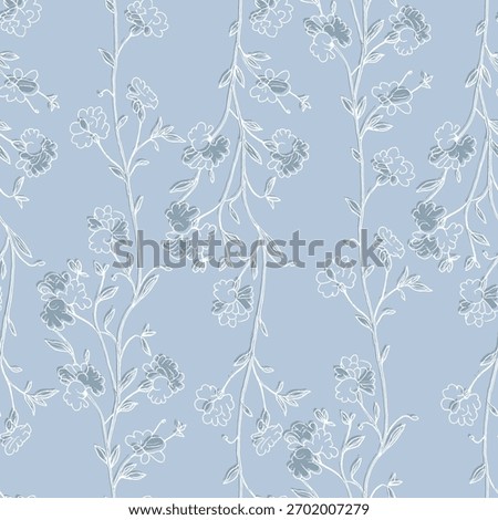 seamless spring blue, cyan pattern of flowers, branches and leaves with embroidery textured pattern for textiles, embroidery, wallpapers, poster 