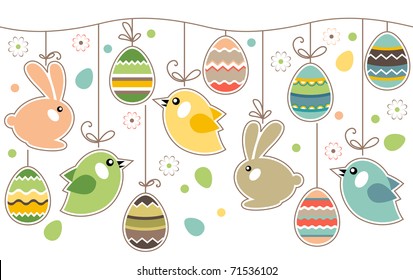 Seamless spring border with easter eggs,birds and rabbits