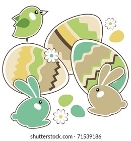 Seamless spring border with easter eggs,birds and rabbits