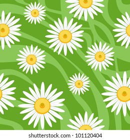 seamless spring chamomile on green striped background