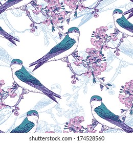 Seamless spring cherry pattern with birds