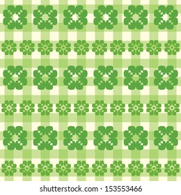 Seamless spring clover pattern background.  Big and small four-leaf clovers isolated on chekcered background. Vector illustration in green colors for St. Patrick's Day