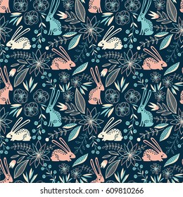 Seamless spring colorful vector floral pattern with rabbits