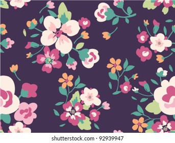 seamless spring cute vintage rose pattern purple background