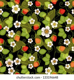 Seamless spring dark floral pattern with strawberries and flowers and translucent butterflies (vector EPS 10)