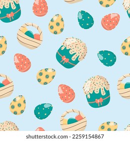 Seamless spring Easter pattern with Easter cake and eggs. Drawn style. On a blue background.