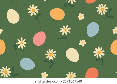 seamless spring, easter pattern with colorful eggs and daisy flowers- vector illustration