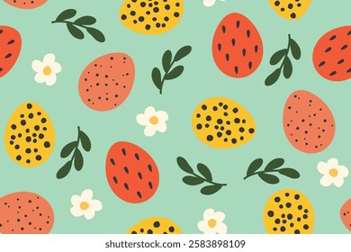 seamless spring, easter pattern with colorful eggs and floral elements- vector illustration