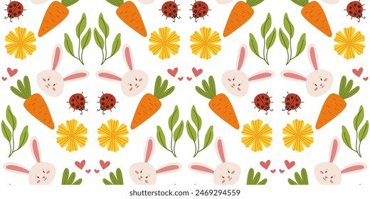Seamless spring Easter pattern with flowers, carrots, ladybug, and bunnies in a cute, hand-drawn vector style. Ideal for textiles, packaging, and decorative design