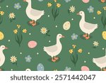 seamless spring, easter pattern with goose, eggs and flowers- vector illustration
