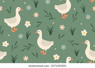 seamless spring, easter pattern with goose and flowers- vector illustration
