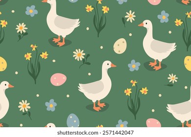 seamless spring, easter pattern with goose, eggs and flowers- vector illustration
