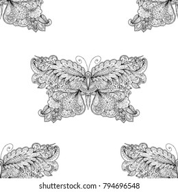 Seamless spring floral background with beautiful butterfly. Seamless vector illustration. Hand drawn butterfly. Doodle seamless coloring page. Coloring page design with and butterflies.