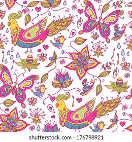 Seamless spring floral background with butterflies and birds.