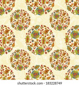 Seamless spring floral background with butterflies and birds.