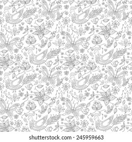 Seamless spring floral background with butterflies and birds.