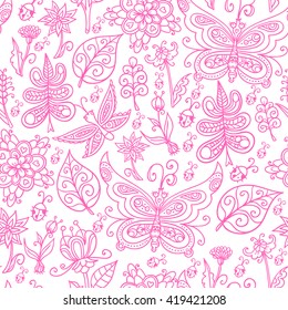 Seamless spring floral nature background with flower, leaf, bug and butterfly.